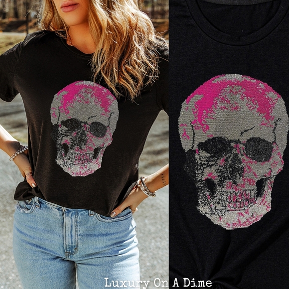 Rhinestone Encrusted Skeleton Shirt Bling Sparkling Short Sleeve Halloween Top - Picture 3 of 12